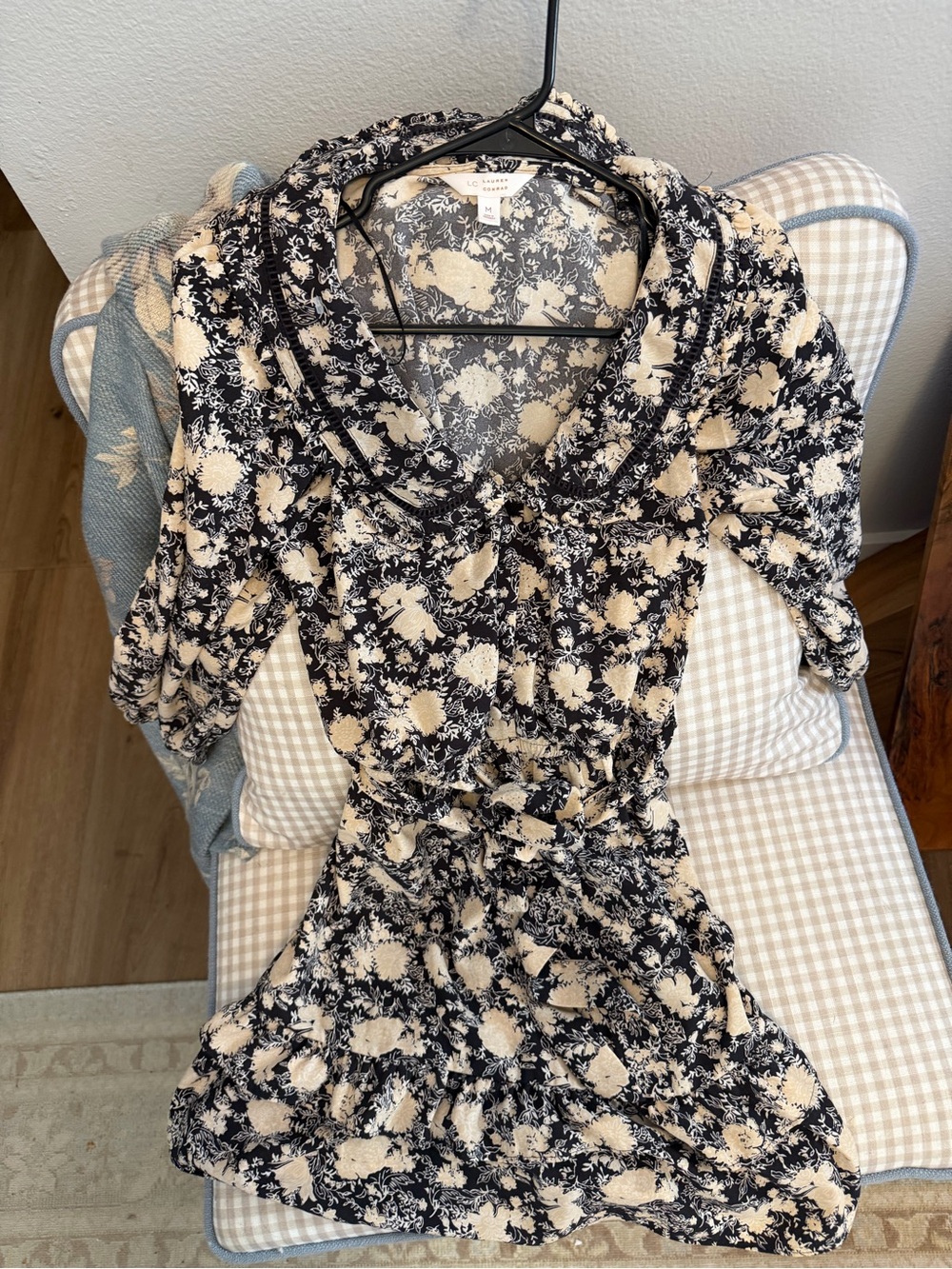 LC Lauren Conrad Black and Cream Floral Tie-Waist Dress with Puff Sleeves